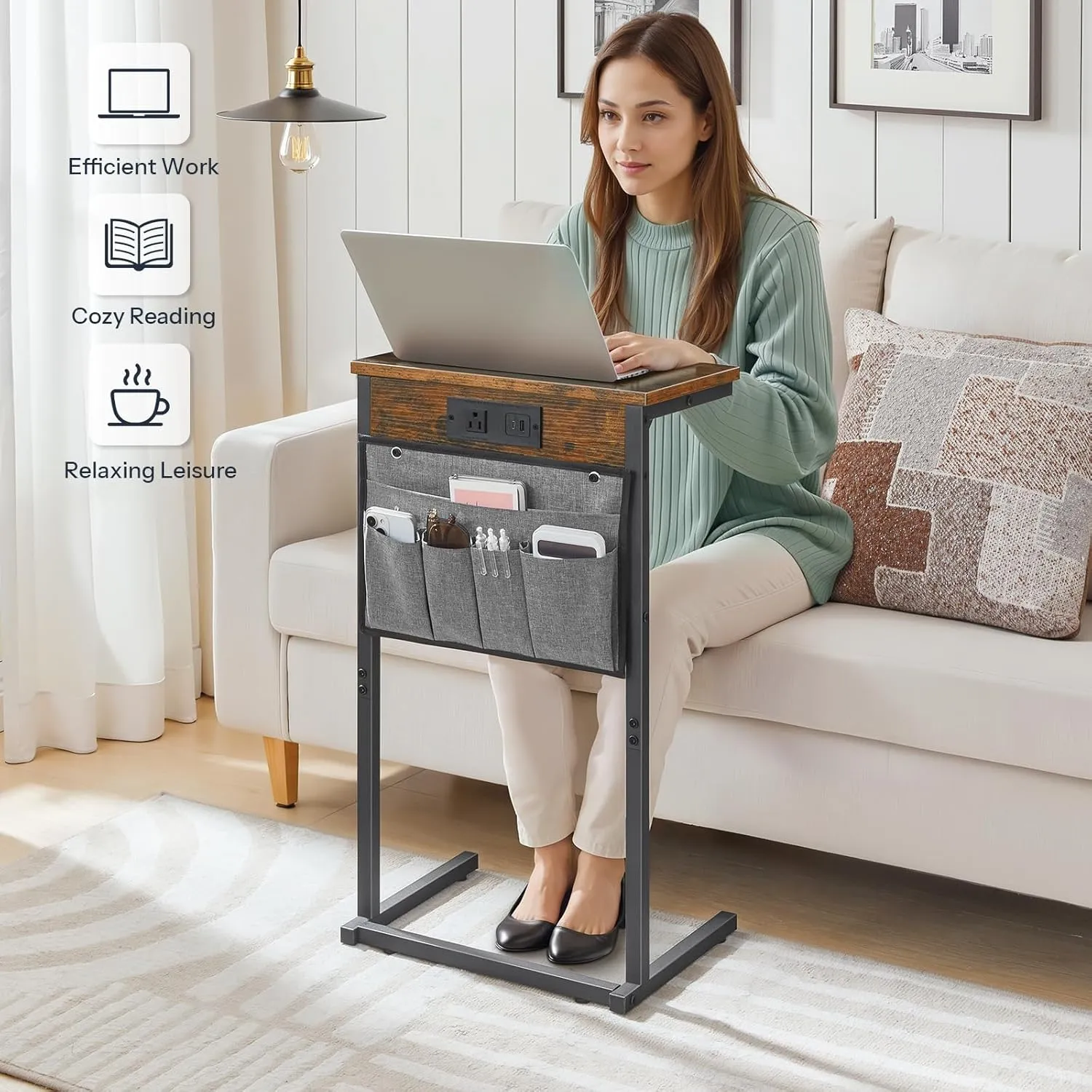 HOOBRO C Shaped End Table with Charging Station, 28" Tall Couch Recliner Table for Small Spaces, Slide Under Sofa Tray Side Table with Storage Bag for Living Room, Rustic Brown BF70USF01