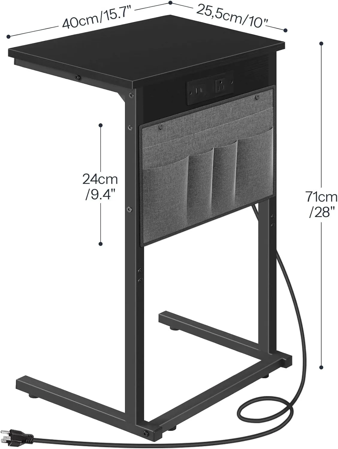 HOOBRO C Shaped End Table with Charging Station, 28" Tall Couch Table for Couch and Recliner for Small Spaces, Slide Under Sofa Table TV Tray with Storage Bag for Living Room, Black BB70USF01