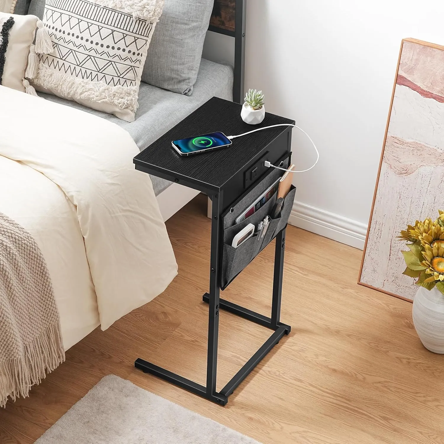 HOOBRO C Shaped End Table with Charging Station, 28" Tall Couch Table for Couch and Recliner for Small Spaces, Slide Under Sofa Table TV Tray with Storage Bag for Living Room, Black BB70USF01