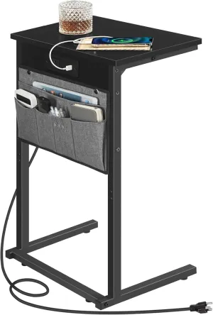 HOOBRO C Shaped End Table with Charging Station, 28" Tall Couch Table for Couch and Recliner for Small Spaces, Slide Under Sofa Table TV Tray with Storage Bag for Living Room, Black BB70USF01