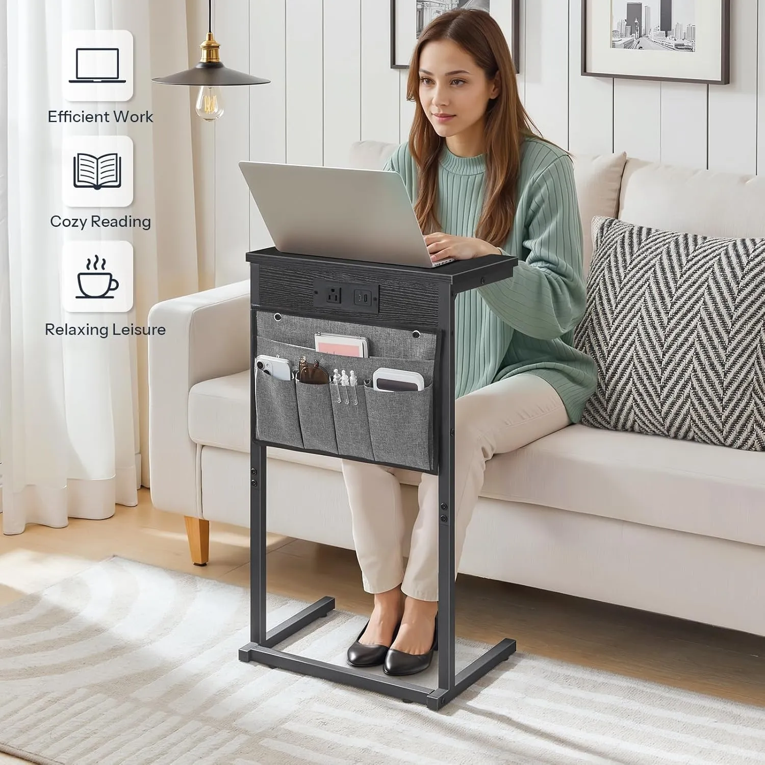 HOOBRO C Shaped End Table with Charging Station, 28" Tall Couch Table for Couch and Recliner for Small Spaces, Slide Under Sofa Table TV Tray with Storage Bag for Living Room, Black BB70USF01
