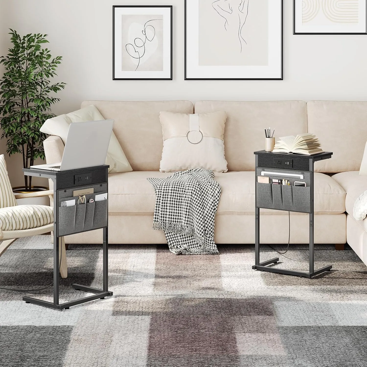 HOOBRO C Shaped End Table with Charging Station, 28" Tall Couch Table for Couch and Recliner for Small Spaces, Slide Under Sofa Table TV Tray with Storage Bag for Living Room, Black BB70USF01