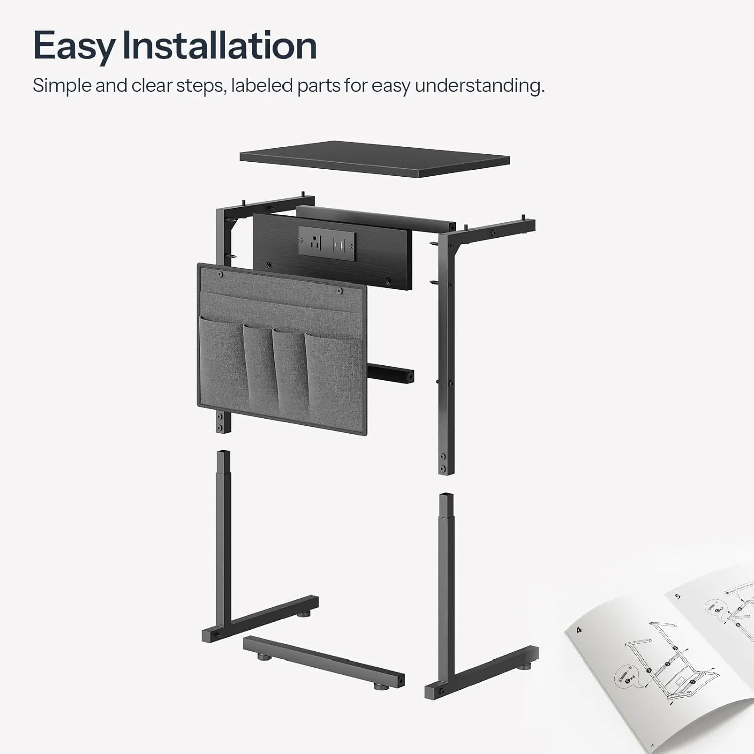HOOBRO C Shaped End Table with Charging Station, 28" Tall Couch Table for Couch and Recliner for Small Spaces, Slide Under Sofa Table TV Tray with Storage Bag for Living Room, Black BB70USF01