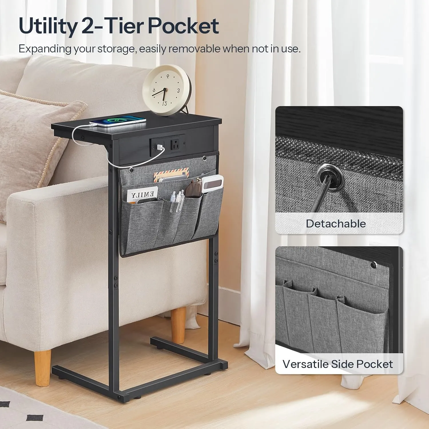HOOBRO C Shaped End Table with Charging Station, 28" Tall Couch Table for Couch and Recliner for Small Spaces, Slide Under Sofa Table TV Tray with Storage Bag for Living Room, Black BB70USF01