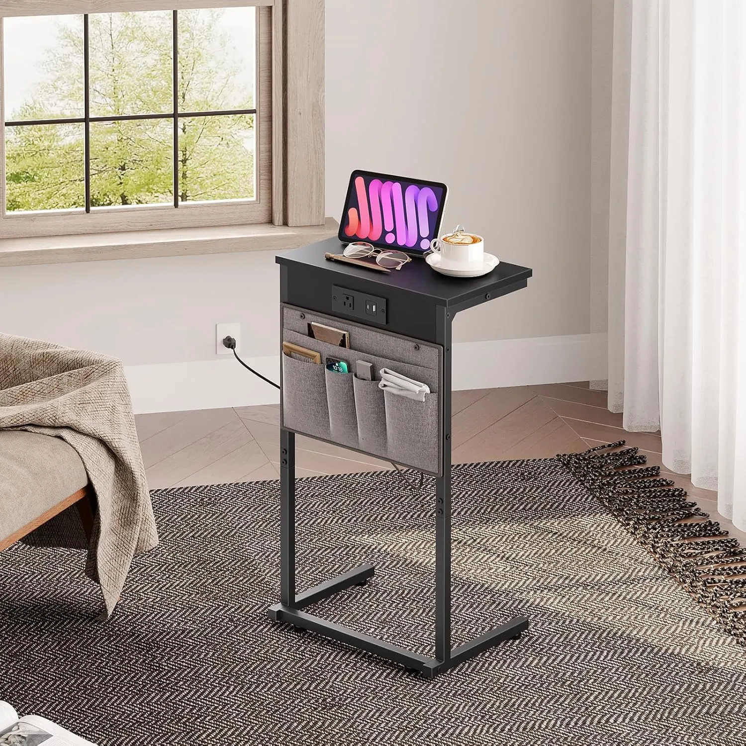 HOOBRO C Shaped End Table with Charging Station, 28" Tall Couch Table for Couch and Recliner for Small Spaces, Slide Under Sofa Table TV Tray with Storage Bag for Living Room, Black BB70USF01