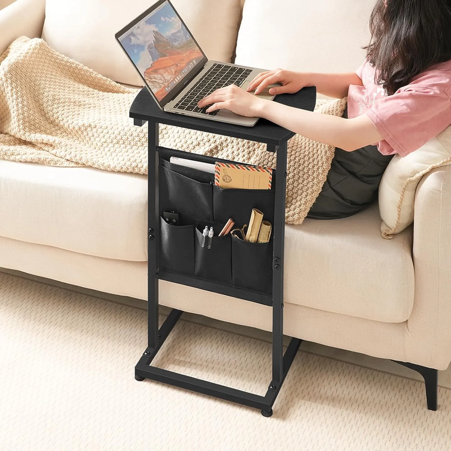 HOOBRO C Shaped End Table with Storage Bag, 28.3" Tall Small Side Table for Couch, Slide Under Sofa, TV Tray for Small Place, Sturdy Frame, Living Room, Bedroom, Black BB40SF01