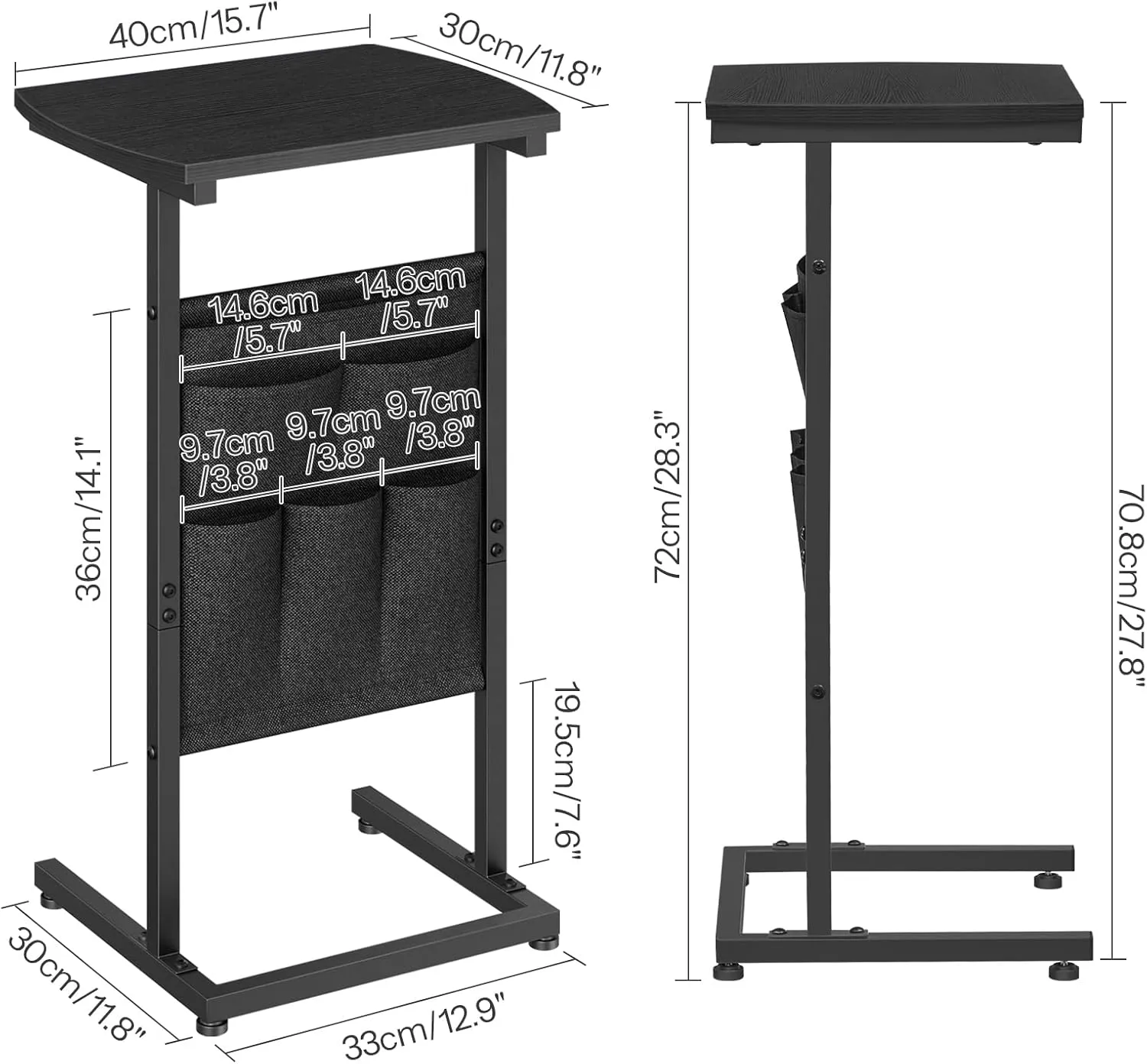 HOOBRO C Shaped End Table with Storage Bag, 28.3" Tall Small Side Table for Couch, Slide Under Sofa, TV Tray for Small Place, Sturdy Frame, Living Room, Bedroom, Black BB40SF01