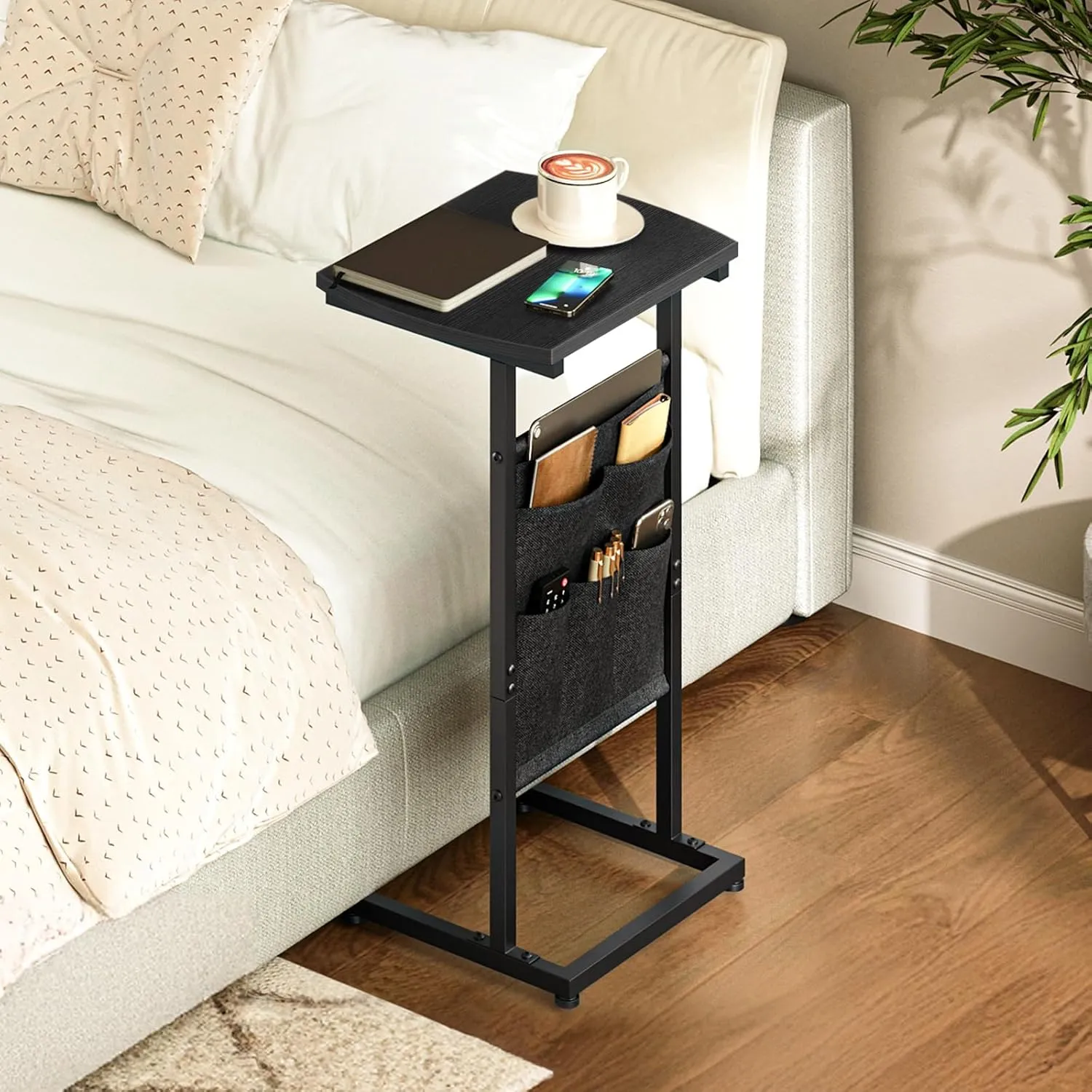 HOOBRO C Shaped End Table with Storage Bag, 28.3" Tall Small Side Table for Couch, Slide Under Sofa, TV Tray for Small Place, Sturdy Frame, Living Room, Bedroom, Black BB40SF01