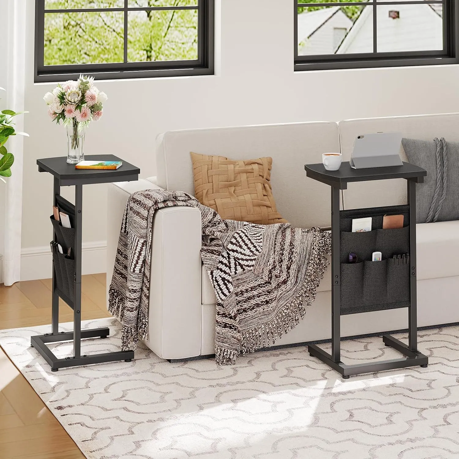 HOOBRO C Shaped End Table with Storage Bag, 28.3" Tall Small Side Table for Couch, Slide Under Sofa, TV Tray for Small Place, Sturdy Frame, Living Room, Bedroom, Black BB40SF01