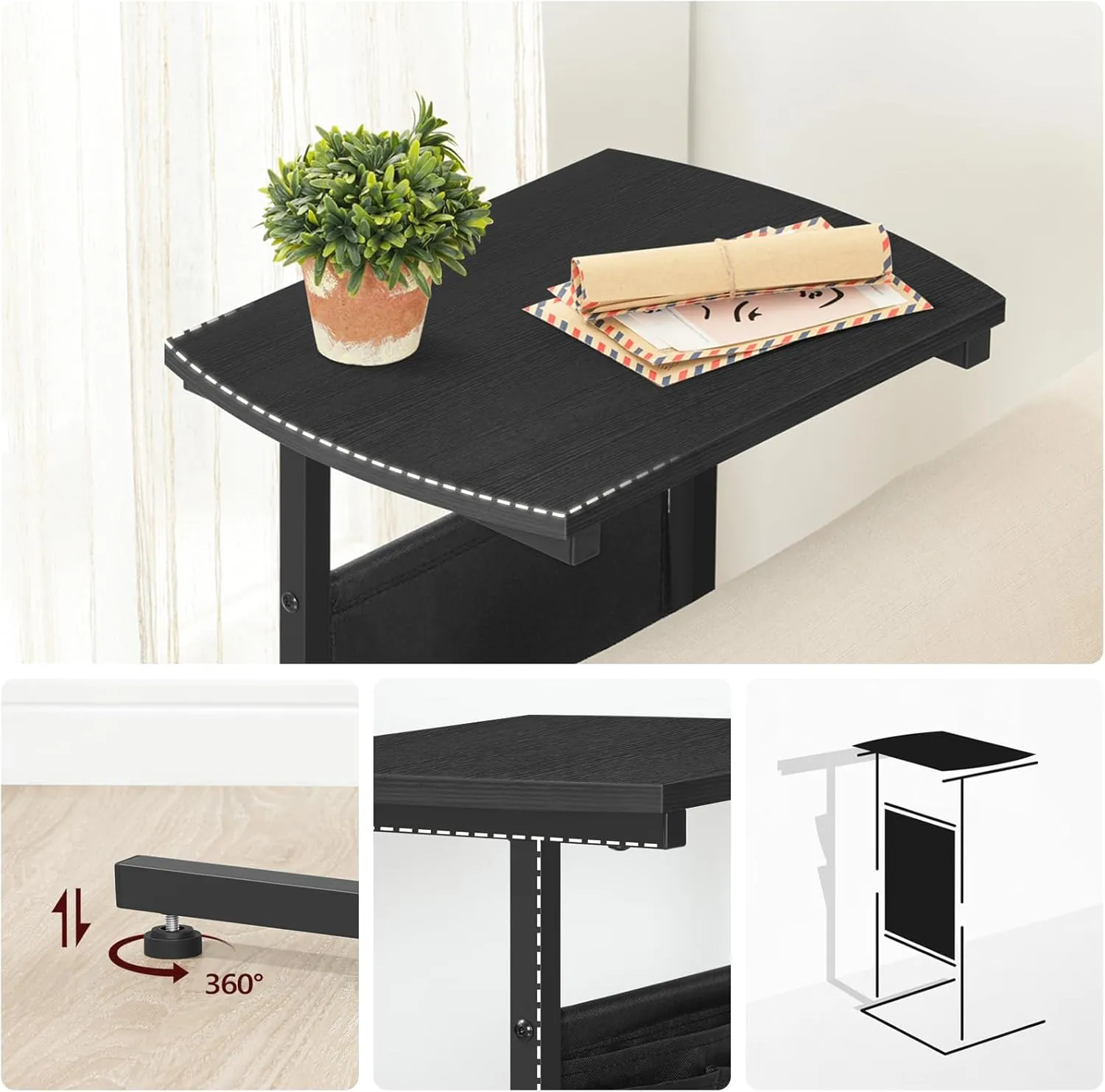 HOOBRO C Shaped End Table with Storage Bag, 28.3" Tall Small Side Table for Couch, Slide Under Sofa, TV Tray for Small Place, Sturdy Frame, Living Room, Bedroom, Black BB40SF01