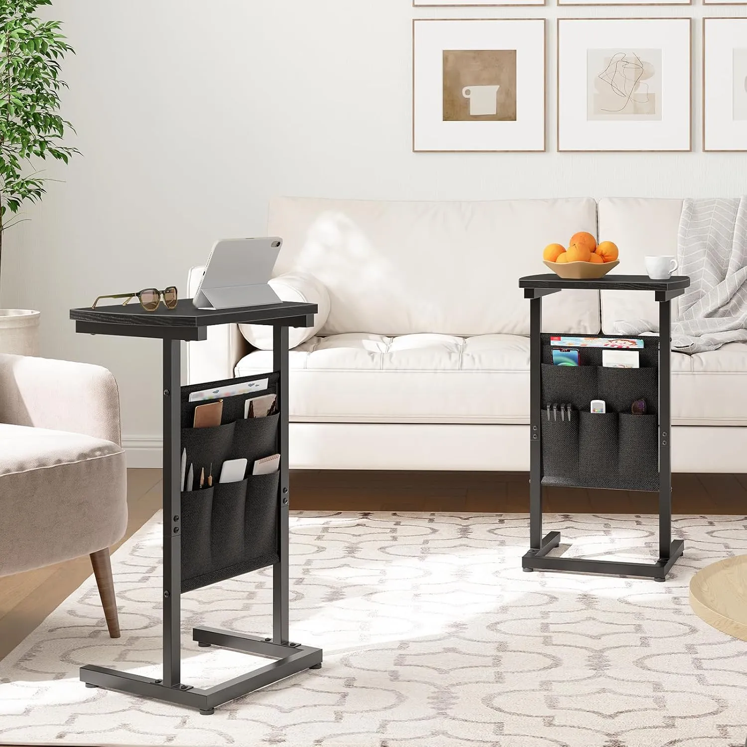 HOOBRO C Shaped End Table with Storage Bag, 28.3" Tall Small Side Table for Couch, Slide Under Sofa, TV Tray for Small Place, Sturdy Frame, Living Room, Bedroom, Black BB40SF01