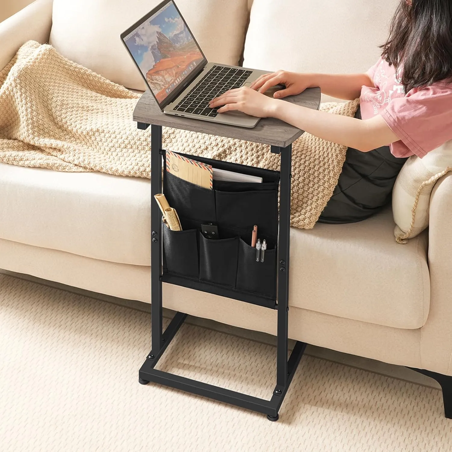 HOOBRO C Shaped End Table with Storage Bag, 28.3" Tall Small Side Table for Couch, Slide Under Sofa, TV Tray for Small Place, Sturdy Frame, Living Room, Bedroom, Greige and Black BG40SF01