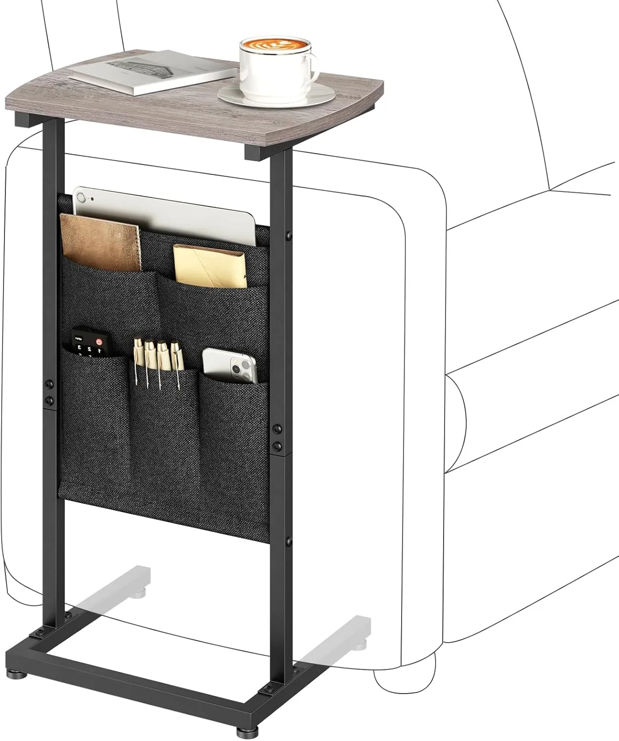 HOOBRO C Shaped End Table with Storage Bag, 28.3" Tall Small Side Table for Couch, Slide Under Sofa, TV Tray for Small Place, Sturdy Frame, Living Room, Bedroom, Greige and Black BG40SF01