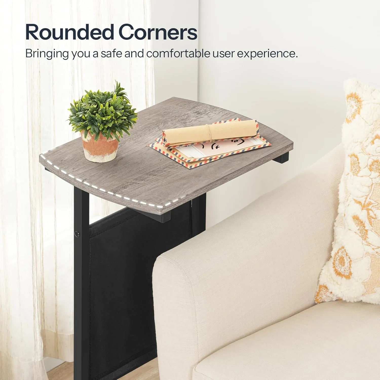 HOOBRO C Shaped End Table with Storage Bag, 28.3" Tall Small Side Table for Couch, Slide Under Sofa, TV Tray for Small Place, Sturdy Frame, Living Room, Bedroom, Greige and Black BG40SF01