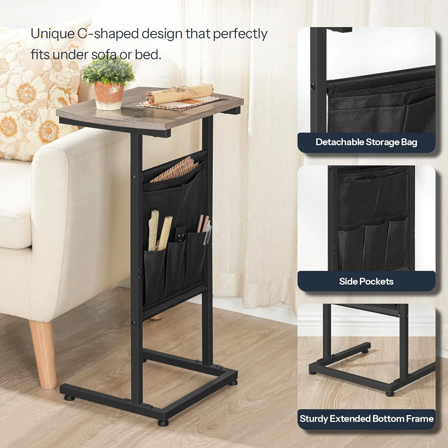 HOOBRO C Shaped End Table with Storage Bag, 28.3" Tall Small Side Table for Couch, Slide Under Sofa, TV Tray for Small Place, Sturdy Frame, Living Room, Bedroom, Greige and Black BG40SF01