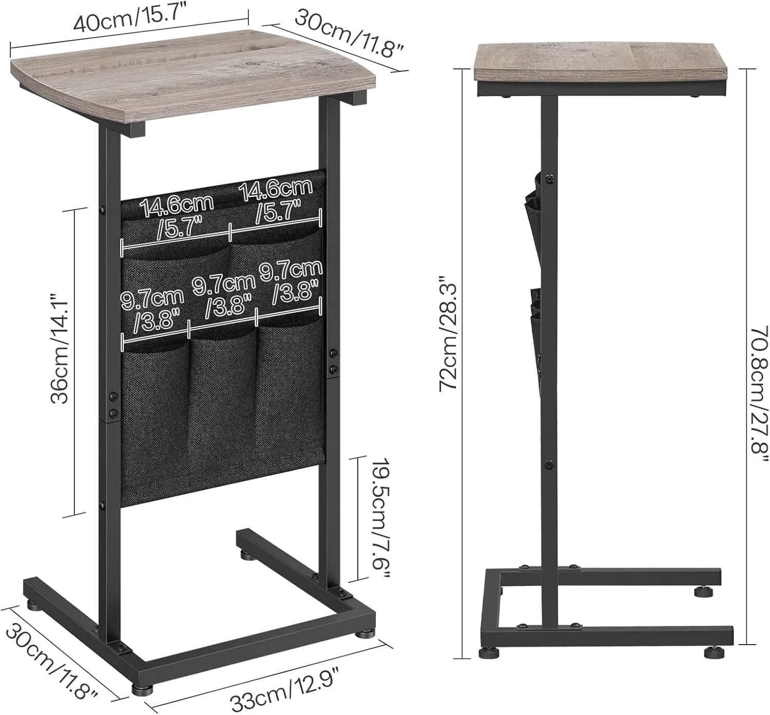 HOOBRO C Shaped End Table with Storage Bag, 28.3" Tall Small Side Table for Couch, Slide Under Sofa, TV Tray for Small Place, Sturdy Frame, Living Room, Bedroom, Greige and Black BG40SF01
