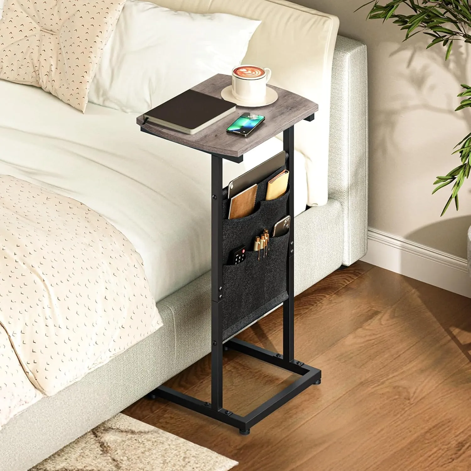 HOOBRO C Shaped End Table with Storage Bag, 28.3" Tall Small Side Table for Couch, Slide Under Sofa, TV Tray for Small Place, Sturdy Frame, Living Room, Bedroom, Greige and Black BG40SF01