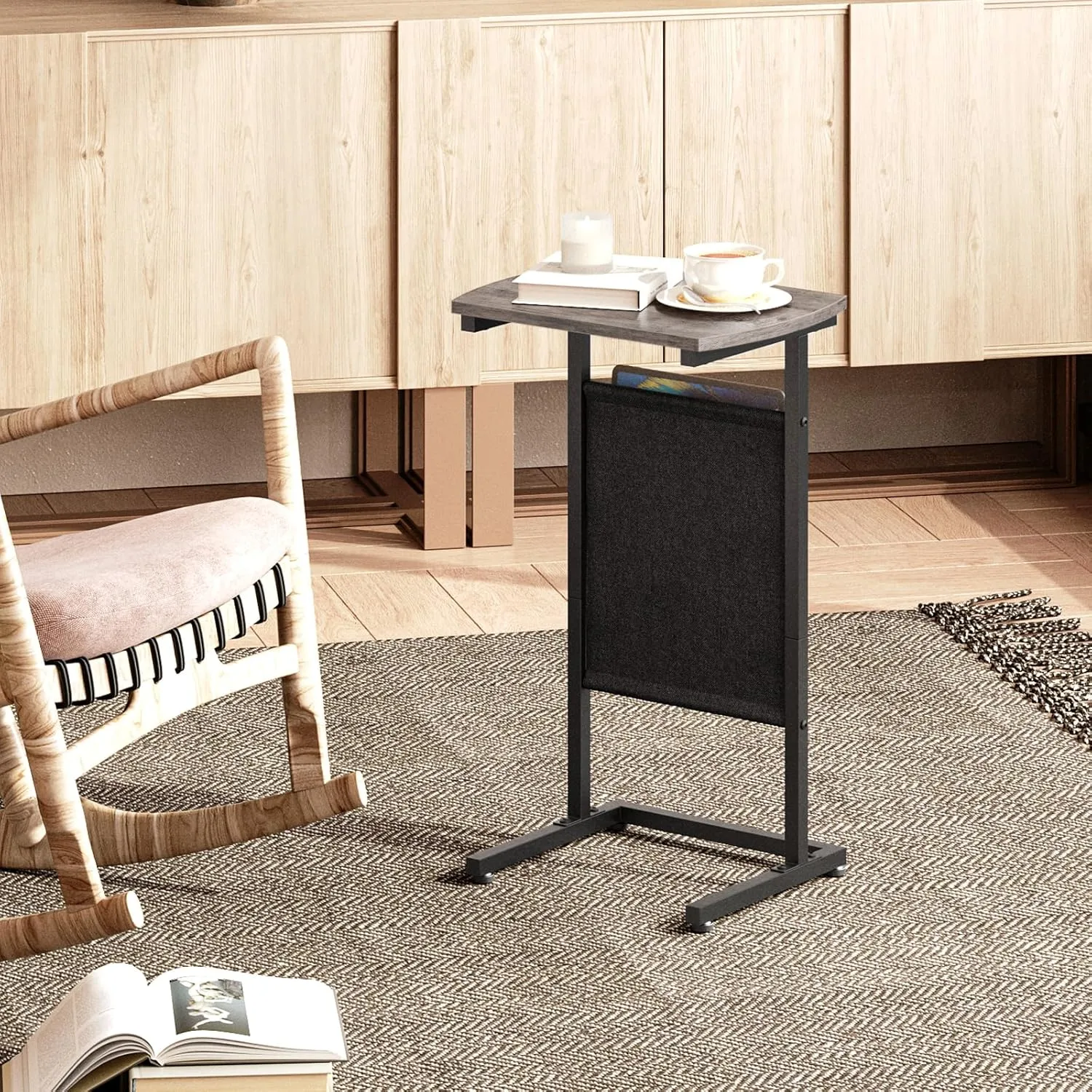 HOOBRO C Shaped End Table with Storage Bag, 28.3" Tall Small Side Table for Couch, Slide Under Sofa, TV Tray for Small Place, Sturdy Frame, Living Room, Bedroom, Greige and Black BG40SF01