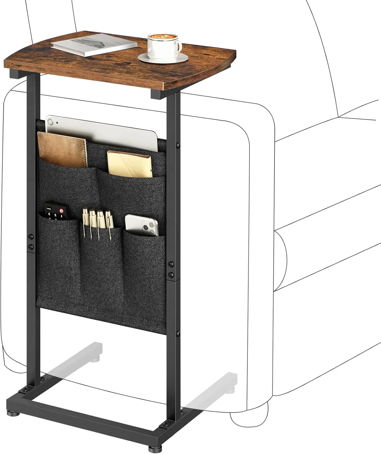 HOOBRO C Shaped End Table with Storage Bag, 28.3" Tall Small Side Table for Couch, Slide Under Sofa, TV Tray for Small Place, Sturdy Frame, Living Room, Bedroom, Rustic Brown and Black BF40SF01