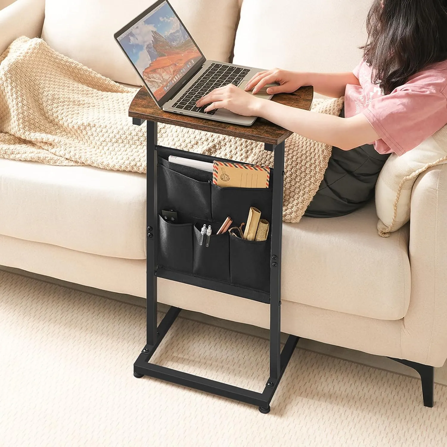 HOOBRO C Shaped End Table with Storage Bag, 28.3" Tall Small Side Table for Couch, Slide Under Sofa, TV Tray for Small Place, Sturdy Frame, Living Room, Bedroom, Rustic Brown and Black BF40SF01