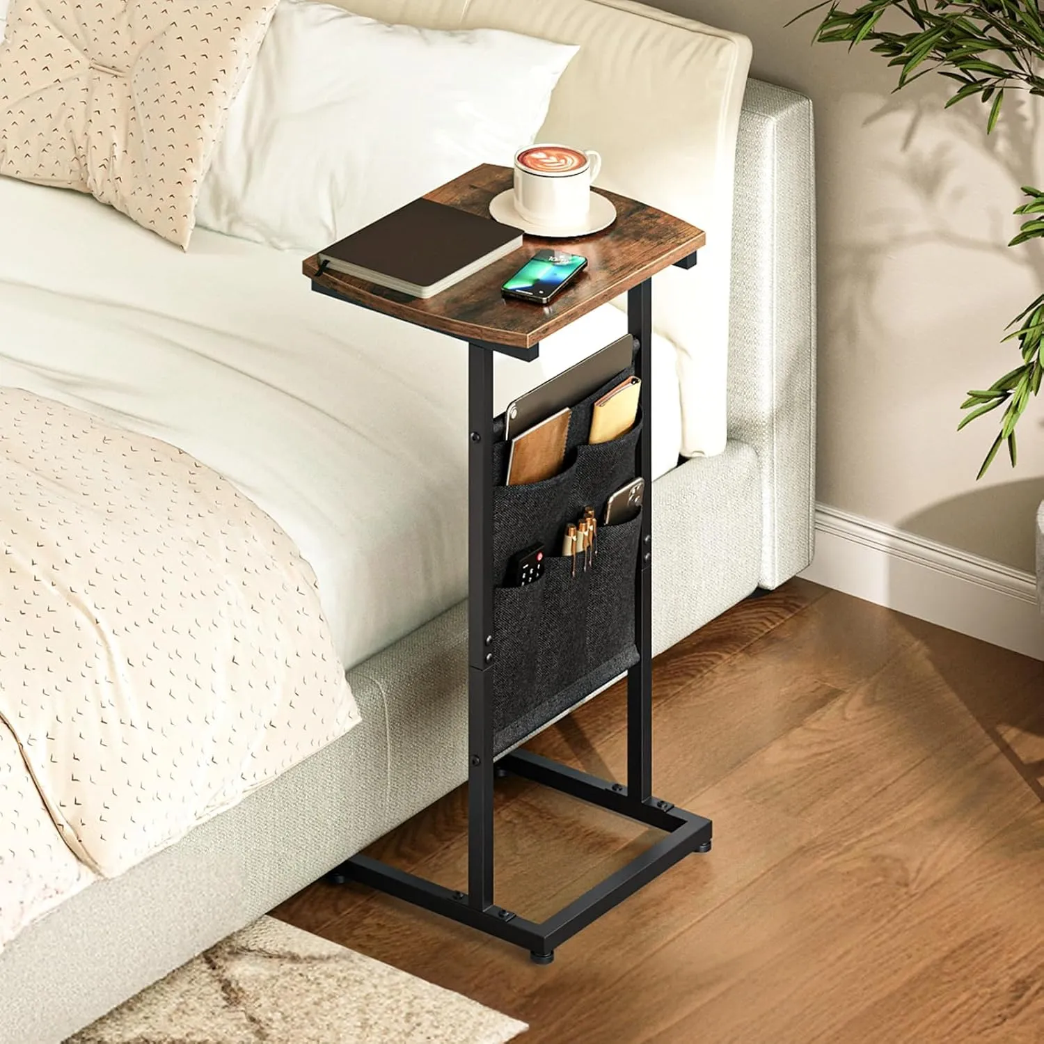 HOOBRO C Shaped End Table with Storage Bag, 28.3" Tall Small Side Table for Couch, Slide Under Sofa, TV Tray for Small Place, Sturdy Frame, Living Room, Bedroom, Rustic Brown and Black BF40SF01