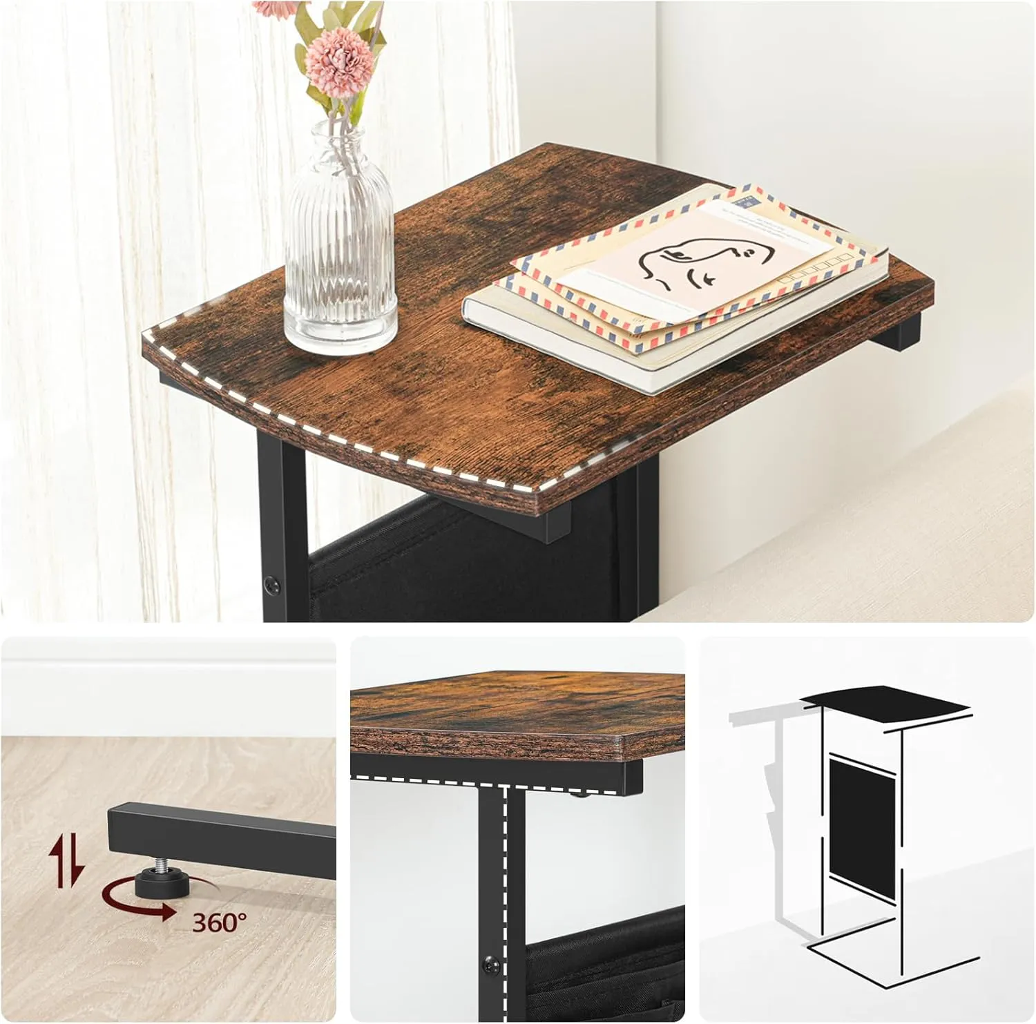 HOOBRO C Shaped End Table with Storage Bag, 28.3" Tall Small Side Table for Couch, Slide Under Sofa, TV Tray for Small Place, Sturdy Frame, Living Room, Bedroom, Rustic Brown and Black BF40SF01