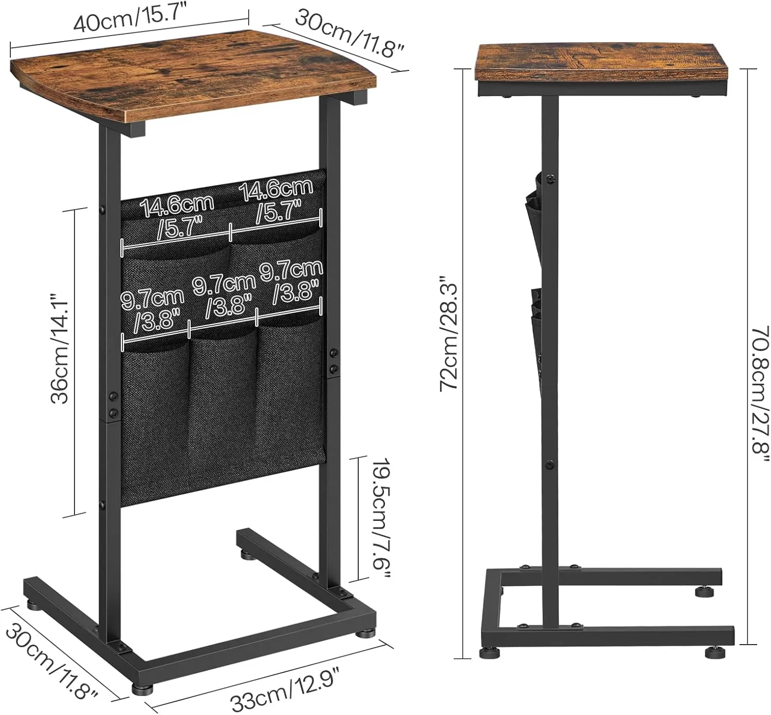 HOOBRO C Shaped End Table with Storage Bag, 28.3" Tall Small Side Table for Couch, Slide Under Sofa, TV Tray for Small Place, Sturdy Frame, Living Room, Bedroom, Rustic Brown and Black BF40SF01