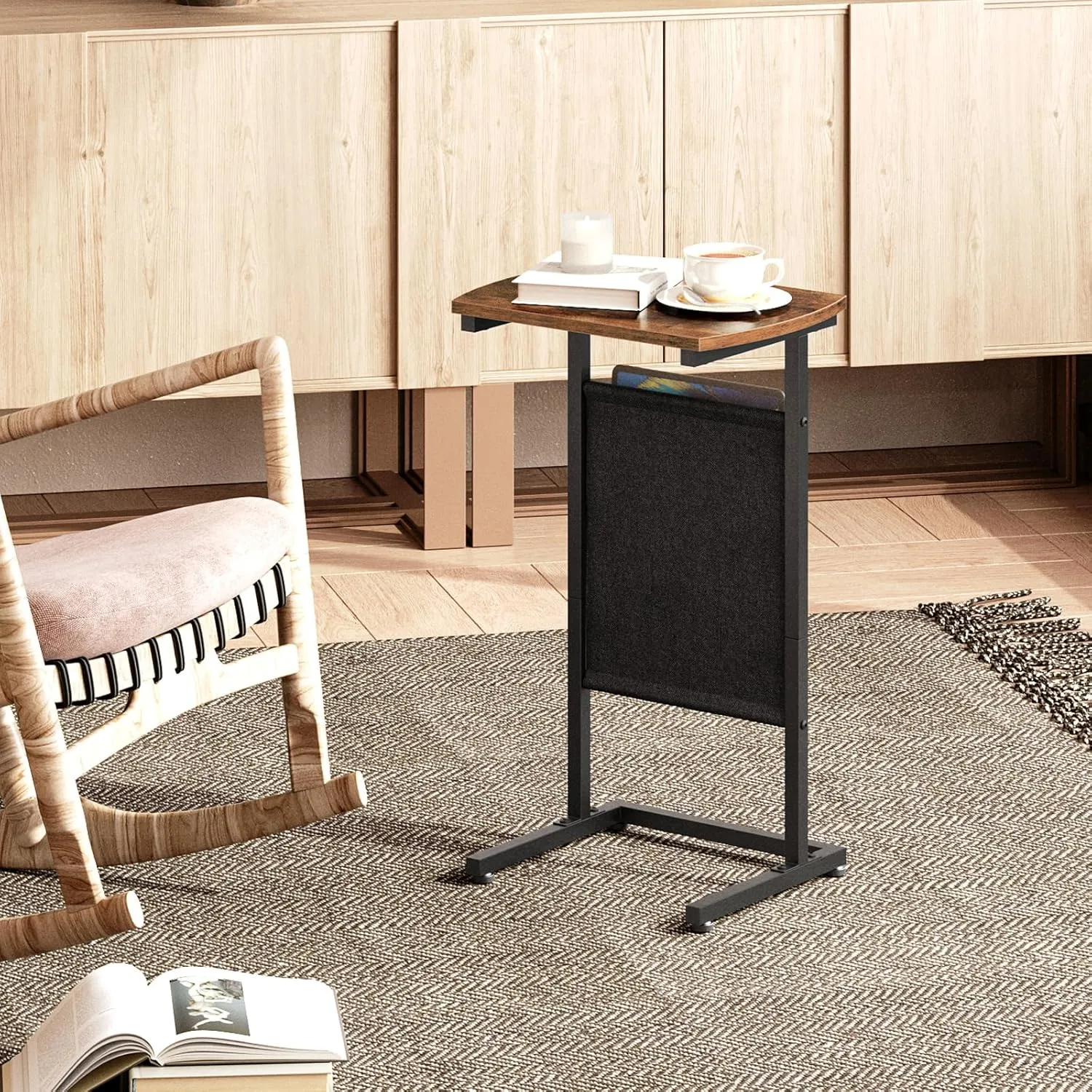 HOOBRO C Shaped End Table with Storage Bag, 28.3" Tall Small Side Table for Couch, Slide Under Sofa, TV Tray for Small Place, Sturdy Frame, Living Room, Bedroom, Rustic Brown and Black BF40SF01