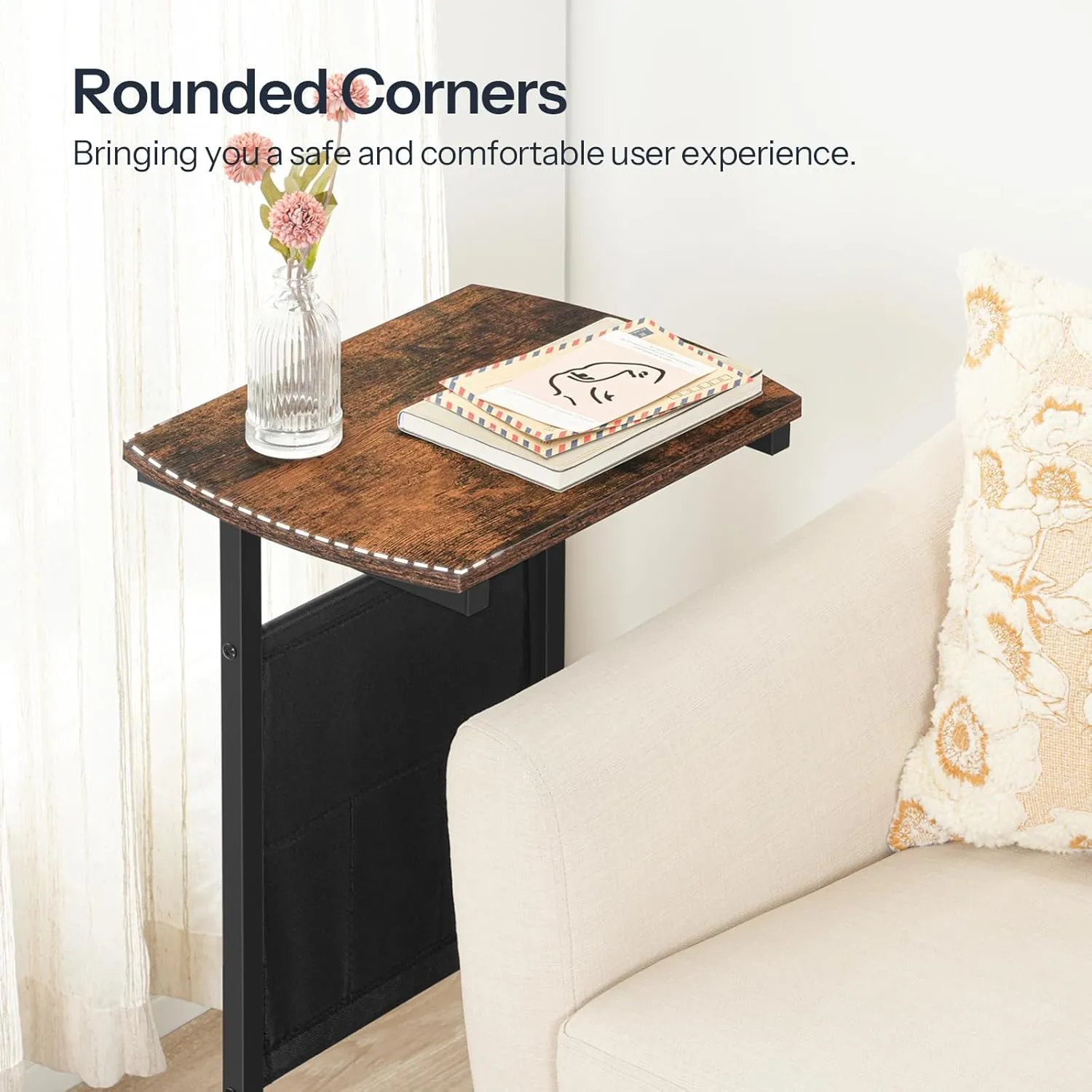HOOBRO C Shaped End Table with Storage Bag, 28.3" Tall Small Side Table for Couch, Slide Under Sofa, TV Tray for Small Place, Sturdy Frame, Living Room, Bedroom, Rustic Brown and Black BF40SF01