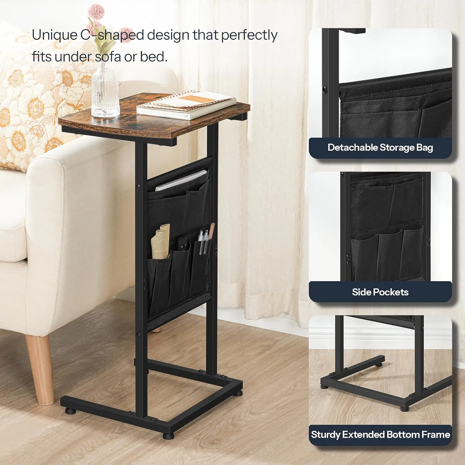 HOOBRO C Shaped End Table with Storage Bag, 28.3" Tall Small Side Table for Couch, Slide Under Sofa, TV Tray for Small Place, Sturdy Frame, Living Room, Bedroom, Rustic Brown and Black BF40SF01