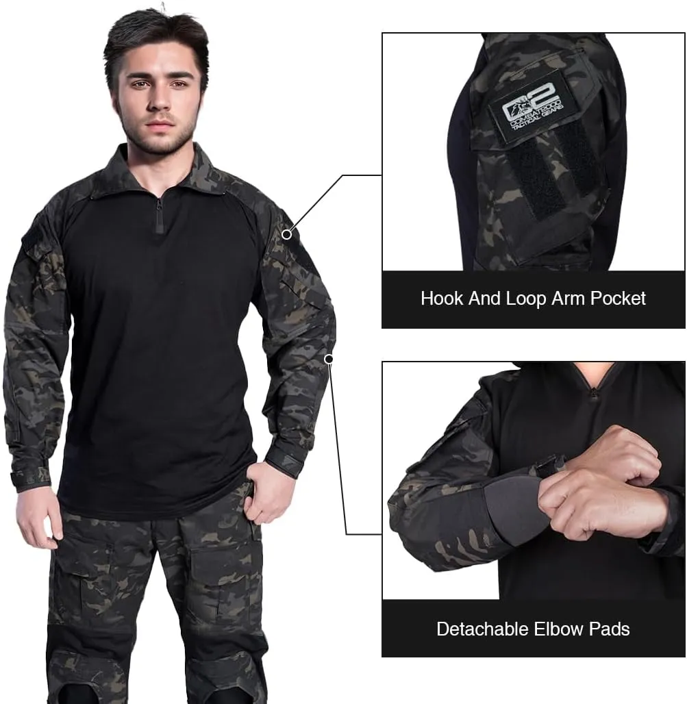 IDOGEAR SPORTS G3 Combat Shirts Men’s Tactical Shirt with Elbow Pads 1/4 Zipper Collar Long Sleeves Top Military Clothing