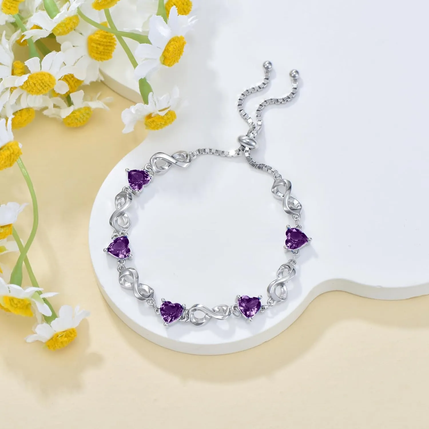 Infinity Love Heart Birthstone Bracelet 925 Sterling Silver Birthday 12 Gemstones Adjustable Bracelets Jewelry for Mother Wife