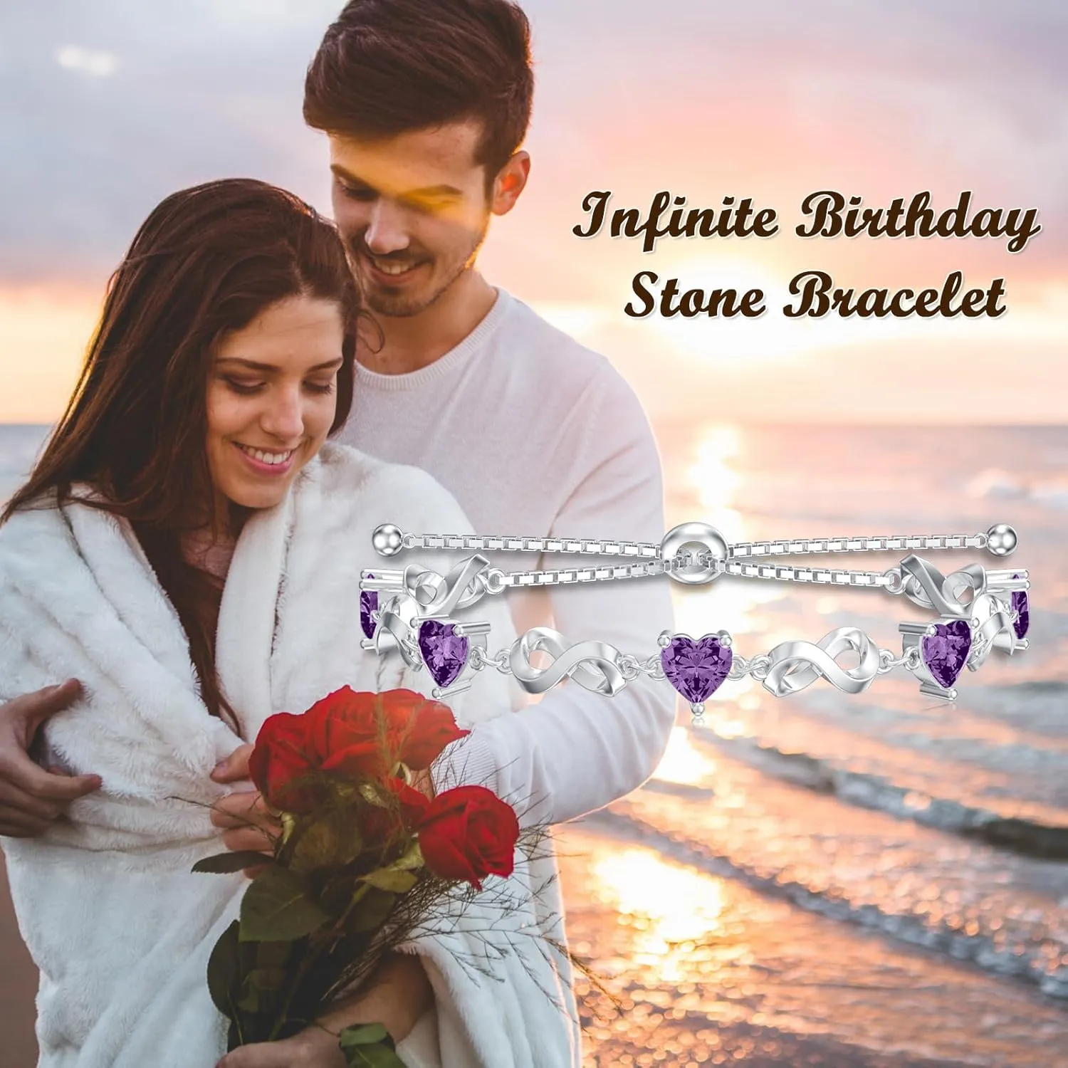 Infinity Love Heart Birthstone Bracelet 925 Sterling Silver Birthday 12 Gemstones Adjustable Bracelets Jewelry for Mother Wife
