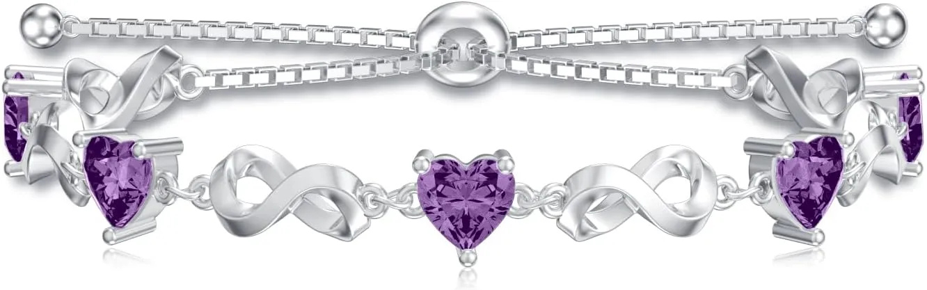 Infinity Love Heart Birthstone Bracelet 925 Sterling Silver Birthday 12 Gemstones Adjustable Bracelets Jewelry for Mother Wife