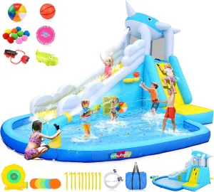 Inflatable Water Slide for Kids Backyard, 12x8.5 FT 12-in-1 Blow Up Waterpark w/Whale Spout Long Slide, Splash Pool, Climbing Wall, Basketball Rim, Water Cannon - 6 Water Toys & Inflatable Balls