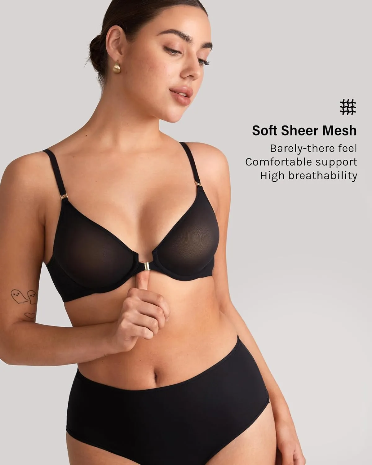 INLYRIC Women's Cosnufy Sheer Front Closure Bra - Demi Sexy Seamless Unlined No Padding Mesh Underwire Bra