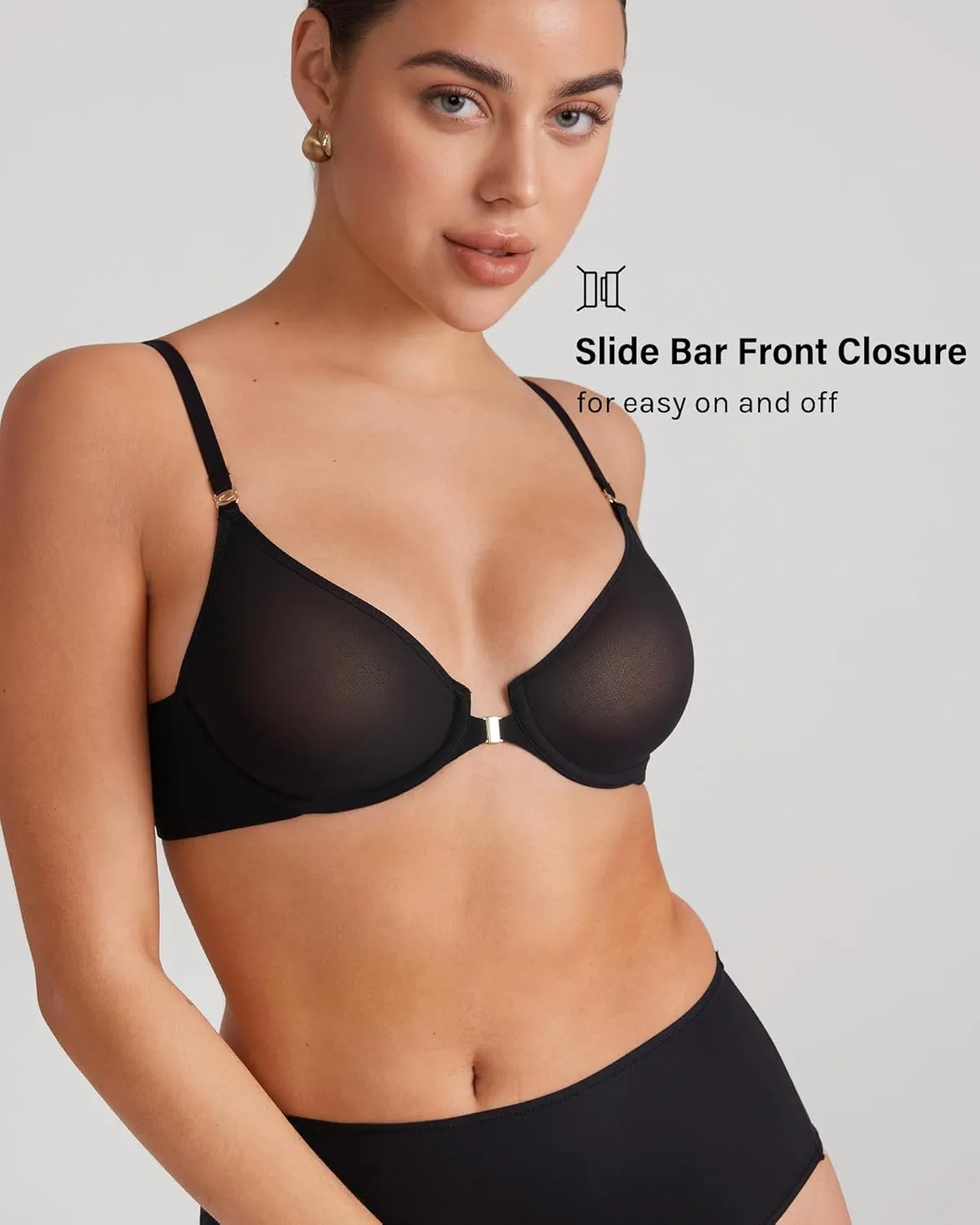INLYRIC Women's Cosnufy Sheer Front Closure Bra - Demi Sexy Seamless Unlined No Padding Mesh Underwire Bra