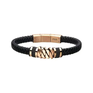 INOX Jewelry Black Braided Leather with Rose Gold IP Serrated Station Bracelet