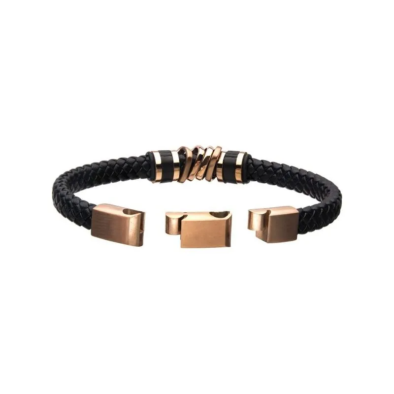 INOX Jewelry Black Braided Leather with Rose Gold IP Serrated Station Bracelet