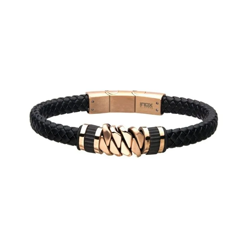 INOX Jewelry Black Braided Leather with Rose Gold IP Serrated Station Bracelet