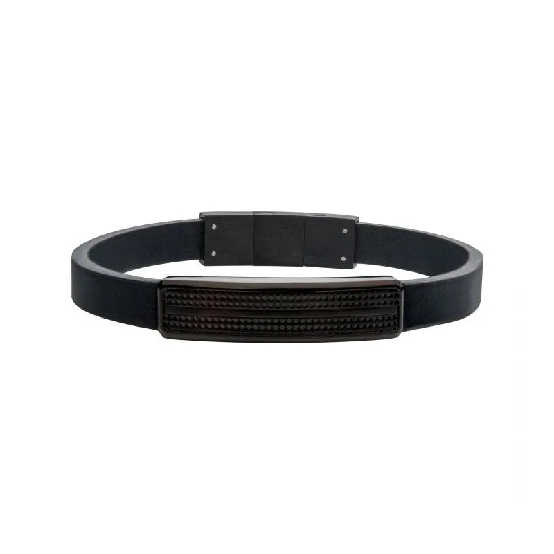 INOX Jewelry Black Leather with Black IP Streamline ID Bracelet