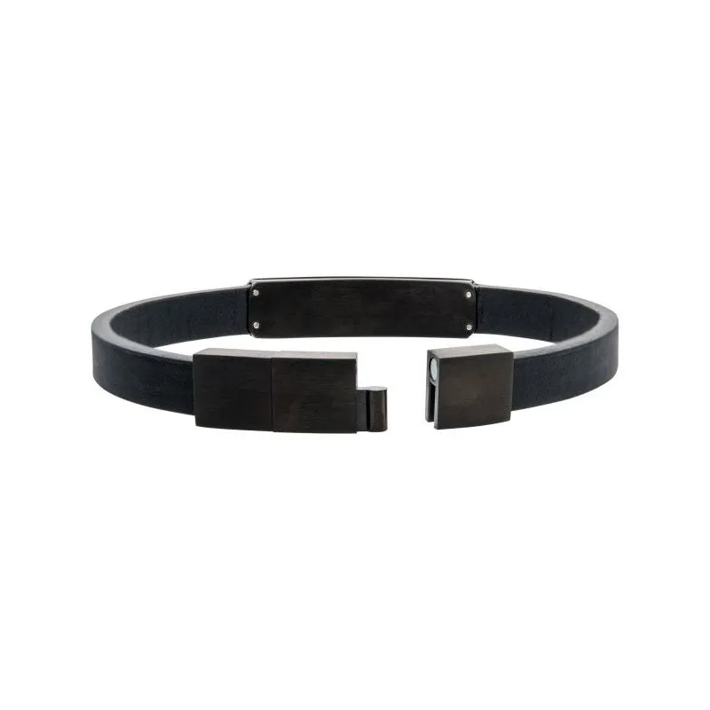 INOX Jewelry Black Leather with Black IP Streamline ID Bracelet
