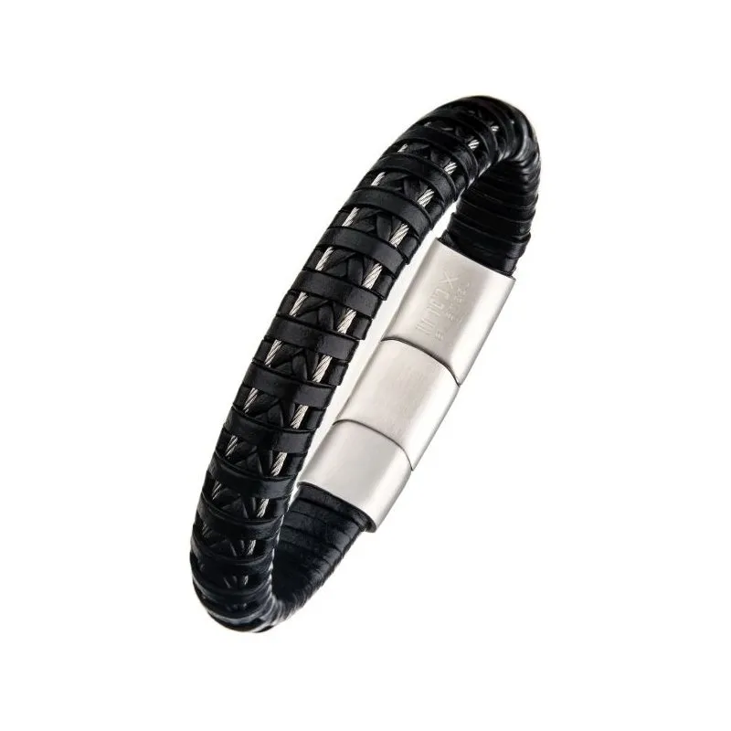 INOX Jewelry Black Leather with Steel Clasp Bracelet