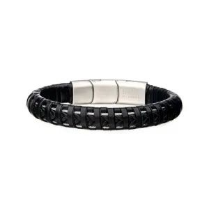 INOX Jewelry Black Leather with Steel Clasp Bracelet