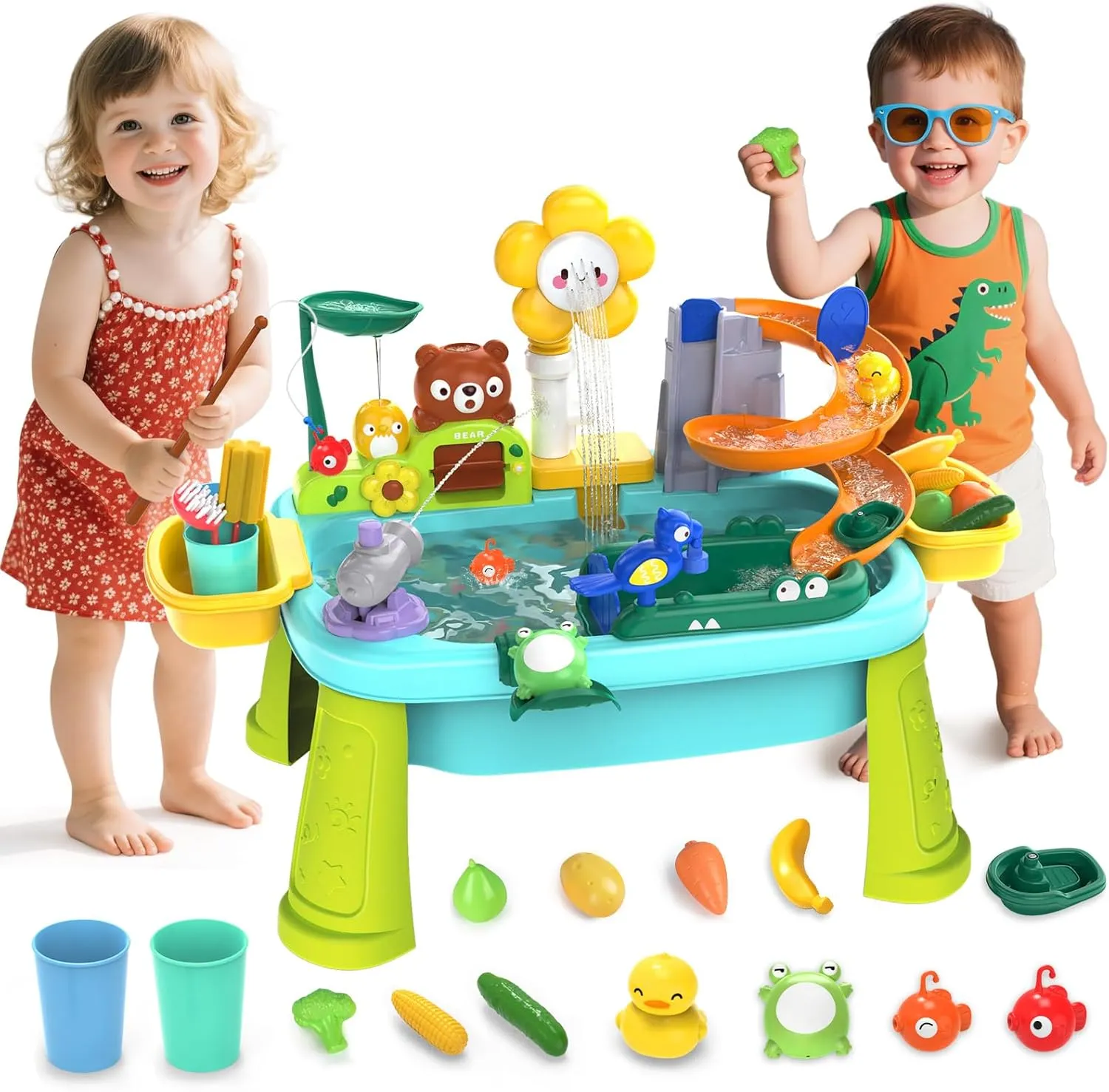 Interactive Water Table for Toddlers 1-3, Outdoor Water Table Toys for Boys & Girls with Electric Water Pump, Multi-Activity for Summer Sensory Fun (Blue)