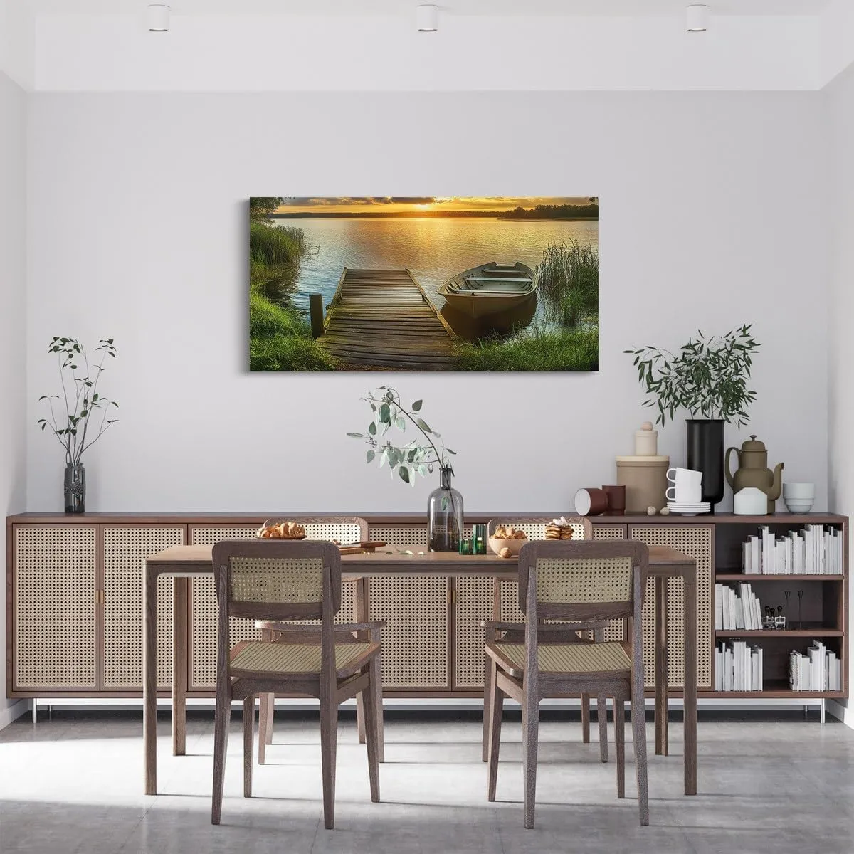 jejeloiu Lake Large Canvas Wall Art for Living Room Bedroom 38" x 19" Kids Boat Sunset Picture Wall Decor for Home Bathroom Boys Girls Lakeside Fishing Office Artwork Posters Natural Scenery Painting