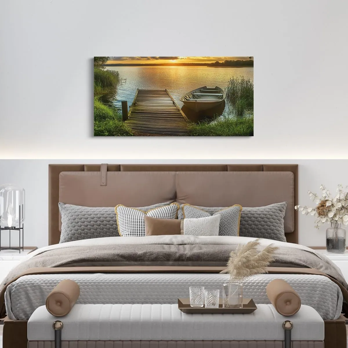 jejeloiu Lake Large Canvas Wall Art for Living Room Bedroom 38" x 19" Kids Boat Sunset Picture Wall Decor for Home Bathroom Boys Girls Lakeside Fishing Office Artwork Posters Natural Scenery Painting