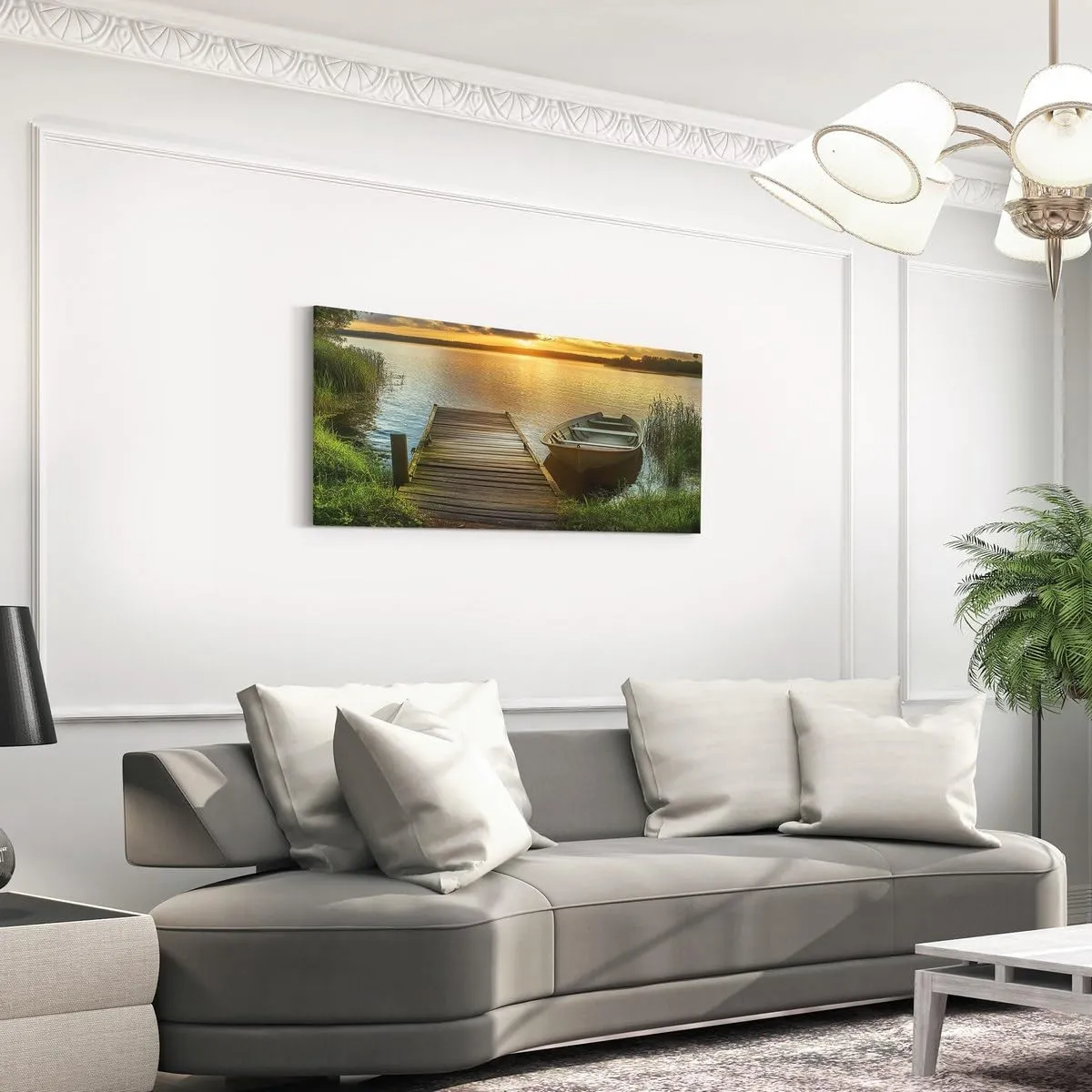 jejeloiu Lake Large Canvas Wall Art for Living Room Bedroom 38" x 19" Kids Boat Sunset Picture Wall Decor for Home Bathroom Boys Girls Lakeside Fishing Office Artwork Posters Natural Scenery Painting