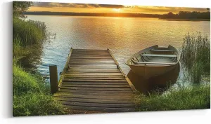 jejeloiu Lake Large Canvas Wall Art for Living Room Bedroom 38" x 19" Kids Boat Sunset Picture Wall Decor for Home Bathroom Boys Girls Lakeside Fishing Office Artwork Posters Natural Scenery Painting