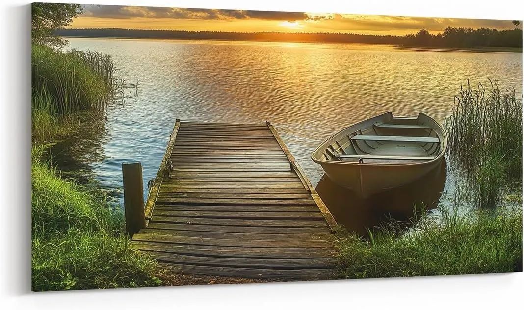 jejeloiu Lake Large Canvas Wall Art for Living Room Bedroom 38" x 19" Kids Boat Sunset Picture Wall Decor for Home Bathroom Boys Girls Lakeside Fishing Office Artwork Posters Natural Scenery Painting